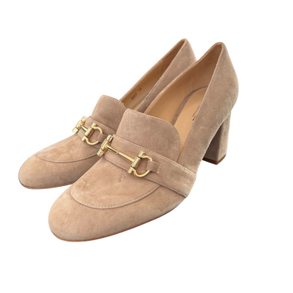 L'AGENCE Beige Suede Delphine Horsebit Loafer Pumps Kid Suede Cashew sz Eu37 US7